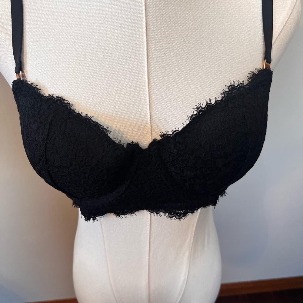 AERIE BLACK REAL POWER Push Up  BRA  SIZE 34D Eyelash Trim Lace Lightly Padded
